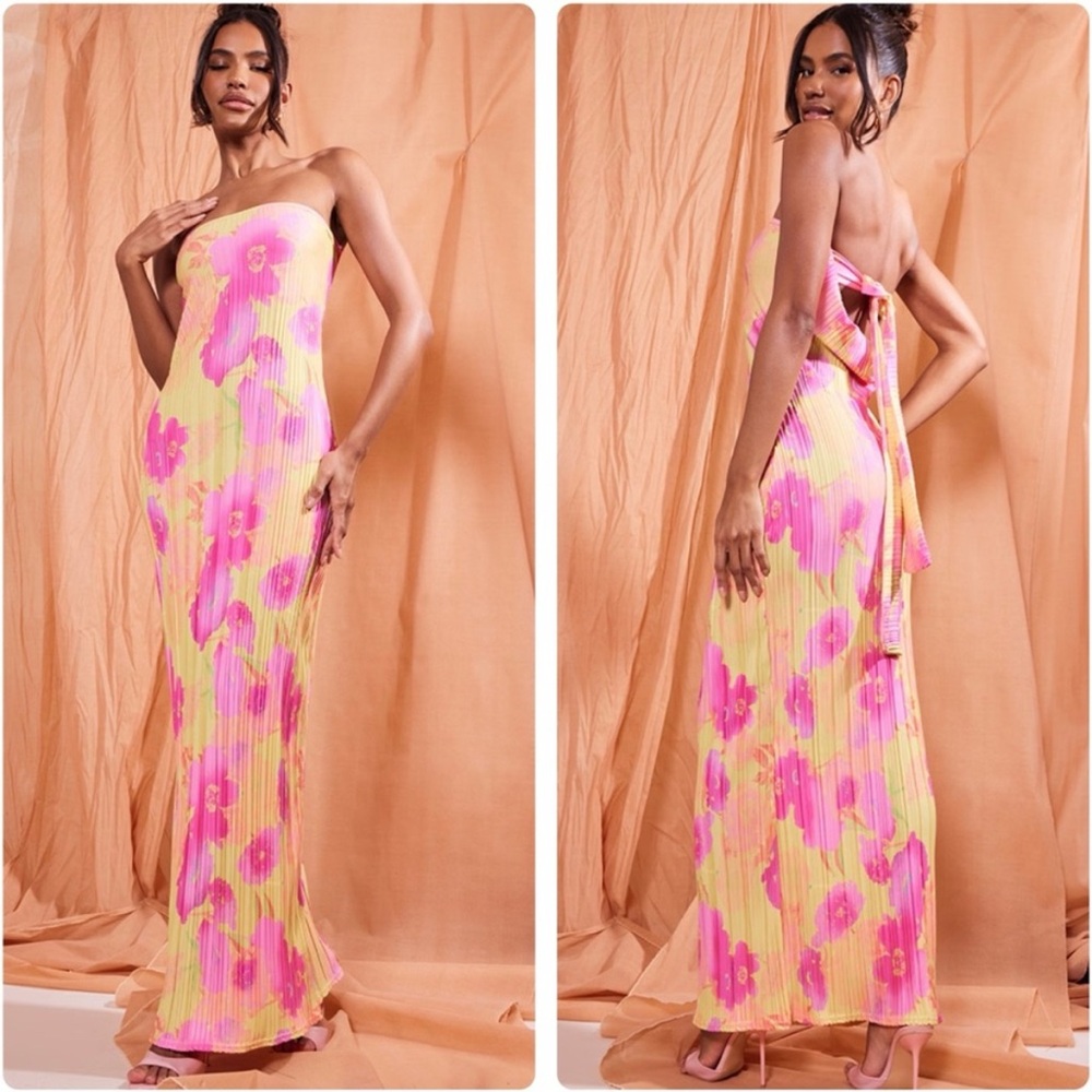 NWT Pretty Little Thing - Multi Floral Print Plisse Bandeau Cowl Back Maxi Dress - Picture 2 of 7